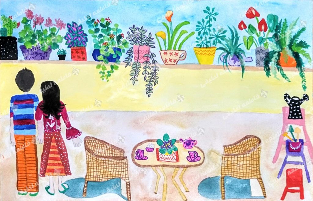 نمای بالکن - هنرمند کوچک به لحظه ای رمانتیک در بالکن خانه اش اندیشیده و تصویر سازی کرده